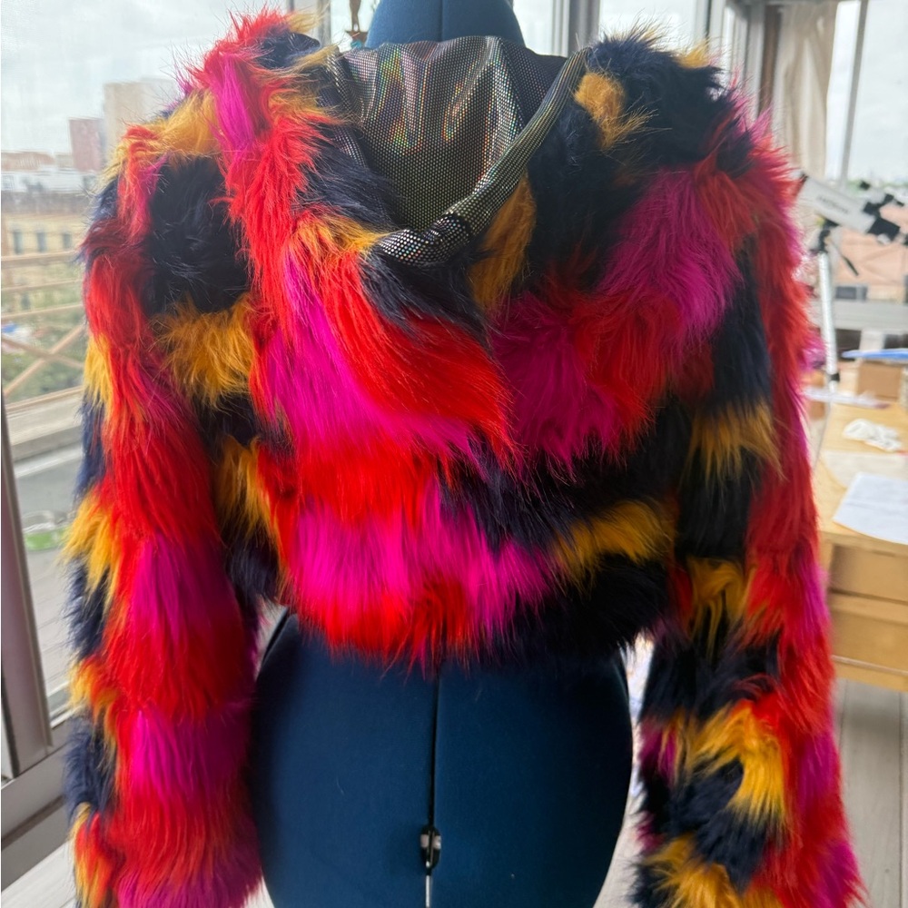Pink and Yellow Teddy Jacket with Bold Color Blocking - Picture 2 of 4